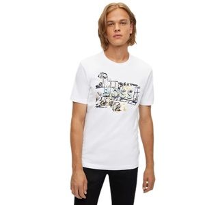 NEW| BOSS
COTTON-JERSEY T-SHIRT WITH HAND-DRAWN ARTWORK| White| Size: XXL
